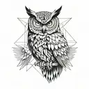 an owl with intimidating eyes looking for enemies with scary eyes only face and wings to the side and face in the middle tattoo design idea