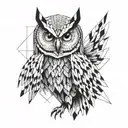 an owl with intimidating eyes looking for enemies with scary eyes only face and wings to the side and face in the middle tattoo design idea