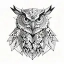 an owl with intimidating eyes looking for enemies with scary eyes only face and wings to the side and face in the middle tattoo design idea