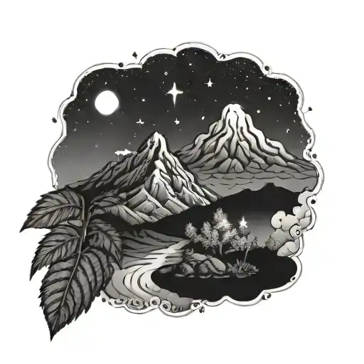 A dotwork tattoo design of a psychedelic mountain landscape with weed plants growing in the foreground and a volcano erupting in the distance, all under a starry rave night sky tattoo design idea