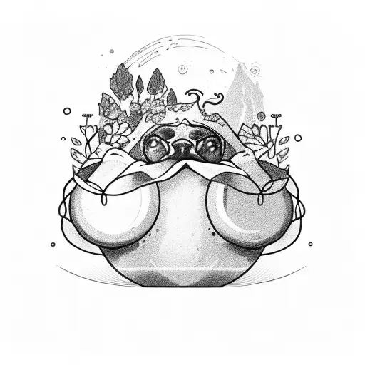 A chemical flask with a sleeping dog curled up inside, surrounded by vibrant nature elements tattoo design idea