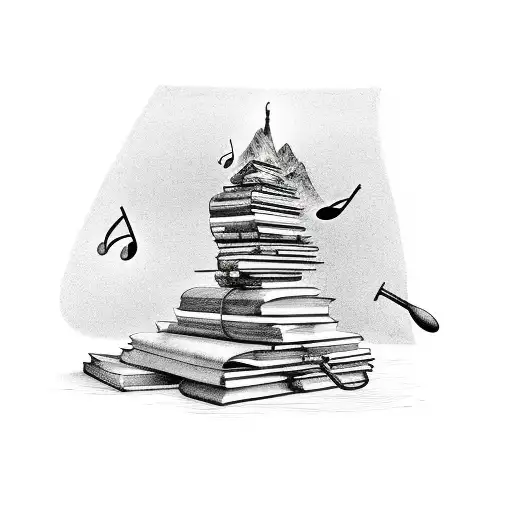 A stack of books forming a mountain range with musical notes floating above tattoo design idea