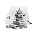 A stack of books forming a mountain range with musical notes floating above tattoo design idea