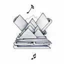 A stack of books forming a mountain range with musical notes floating above tattoo design idea