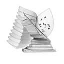 A stack of books forming a mountain range with musical notes floating above tattoo design idea