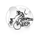 A dynamic design showcasing a courier riding a bicycle with a pack of dogs running alongside tattoo design idea