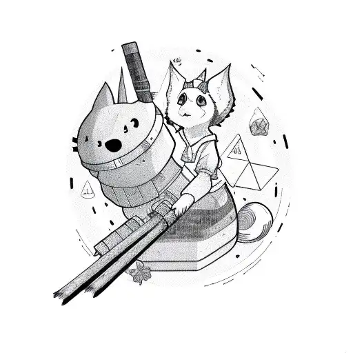 Kiki's delivery service broomstick with radio surrounded by geometric shapes  tattoo design idea