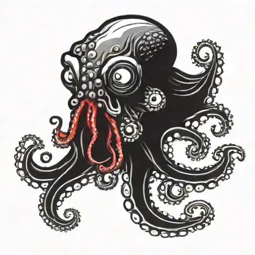 Angry Octopus shooting ink. dark and fleshy with red eyes. Mouth full of sharp teeth  tattoo design idea