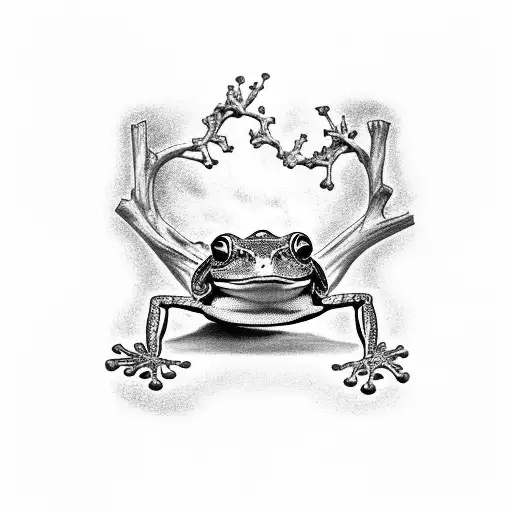 A black-grey tattoo depicting a scientific illustration of a frog skeleton surrounded by intricate botanical elements tattoo design idea