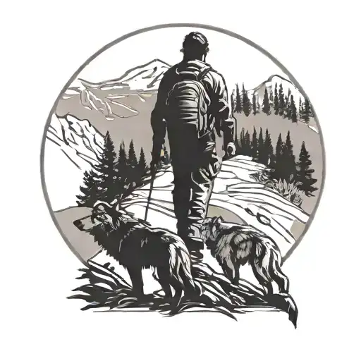 A silhouette of a hiker on a mountain trail with a pack of wolves following behind tattoo design idea