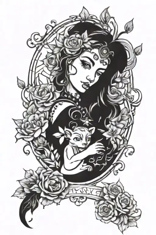 A tattoo of a mother figure surrounded by various symbols representing her different roles and hobbies, in blackwork style tattoo design idea