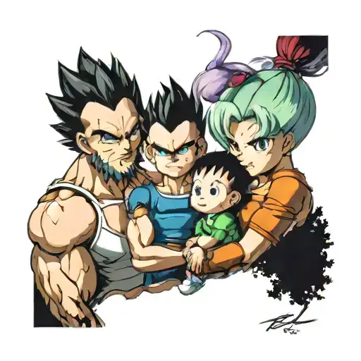 Vegeta with his 5-year-old daughter and 2-year-old son and his wife Bulma in a family photo in the forest tattoo design idea
