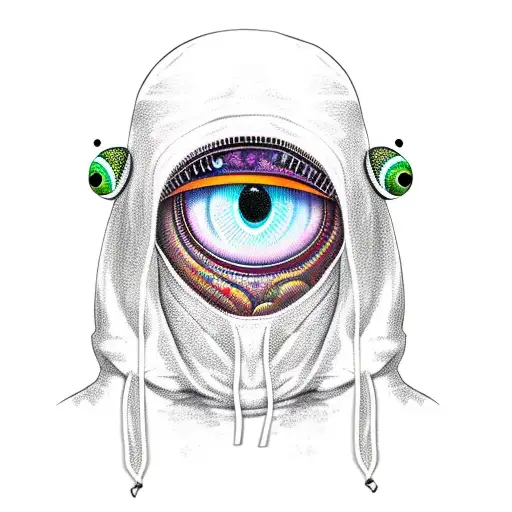 alien wearing a hoodie that has eyes crossed out  tattoo design idea