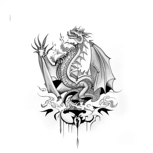 a bohemian designed dragon spitting fire hearts with a quote  tattoo design idea