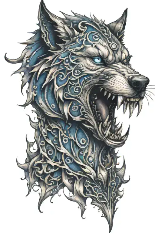 wolf demon sharp teeth blue eyes surrounded tattoo design idea