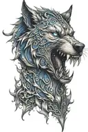 wolf demon sharp teeth blue eyes surrounded tattoo design idea