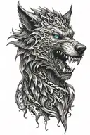 wolf demon sharp teeth blue eyes surrounded tattoo design idea