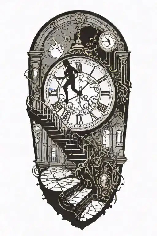 Breaking Reality Simulation Theory Woman Running Up Stairs To a clock Before Time runs out black hole alternate universe tattoo design idea