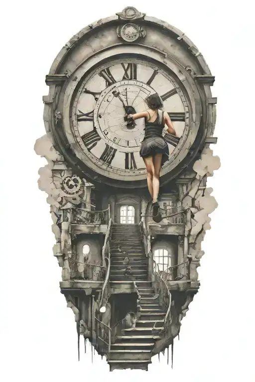 woman running up stairs leading to clock, westworld tattoo design idea