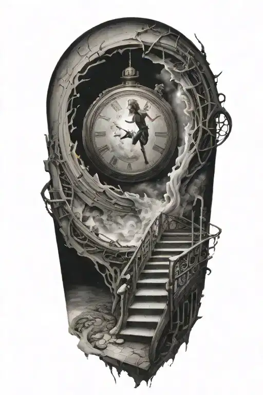 breaking reality, simulation theory, woman running up stairs to a clock, black hole before time runs out tattoo design idea