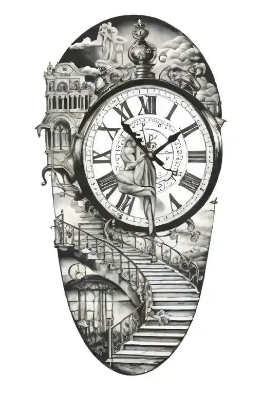 mc esher style, salvador dali, simulation theory,woman,stairs, clock, tattoo design idea