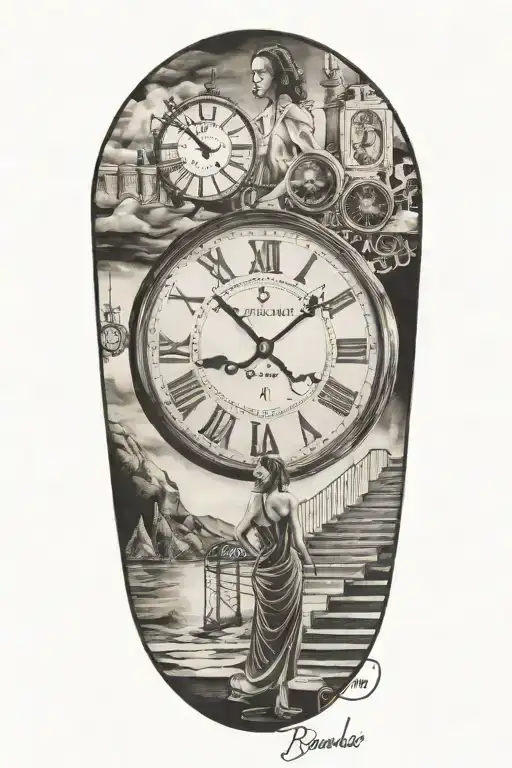 mc esher style, salvador dali, simulation theory,woman,stairs, clock, tattoo design idea