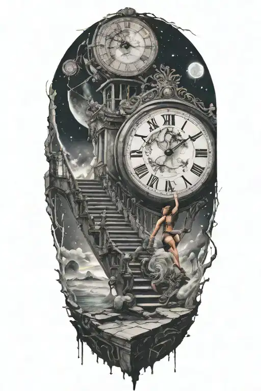 life is a simulation theory with evil woman running up the stairs to a clock in the universe tattoo design idea