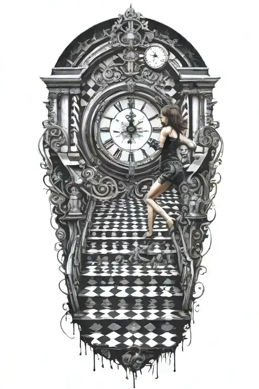 simulation theory woman running up a chessboard staircase with a clock tattoo design idea