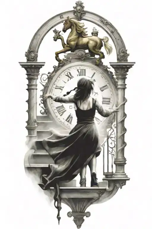 life is a simulation theory interwoven with a scary woman running up stairs to a clock, chess tattoo design idea