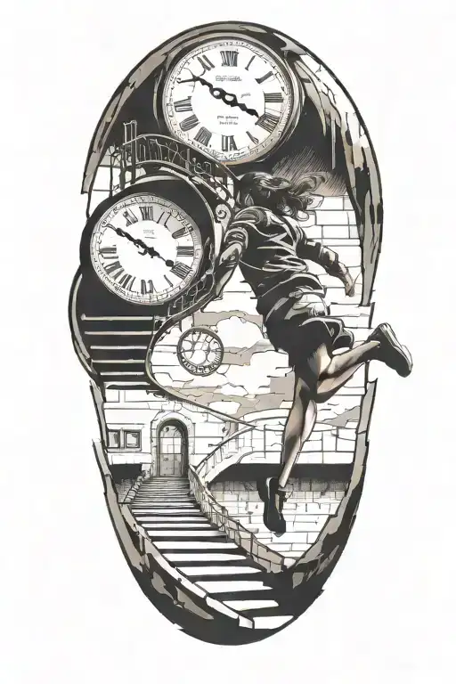 breaking reality, simulation theory, woman running up stairs to a clock tattoo design idea