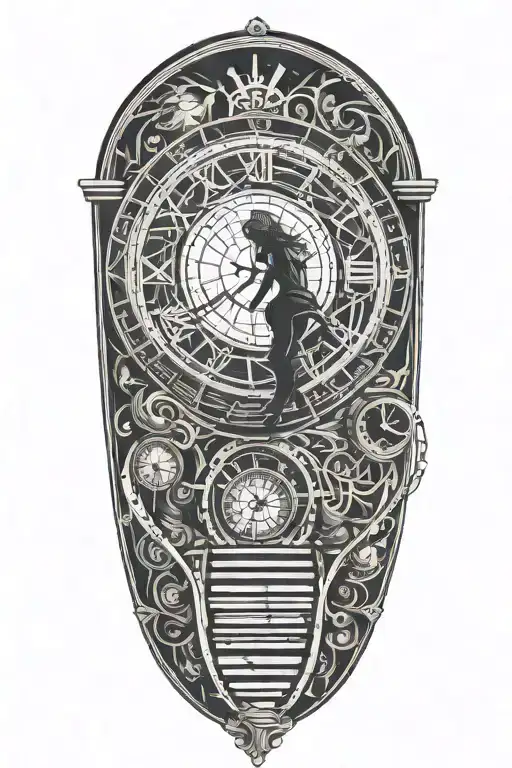 Breaking Reality Simulation Theory Woman Running Up Stairs To a clock Before Time runs out black hole alternate universe tattoo design idea