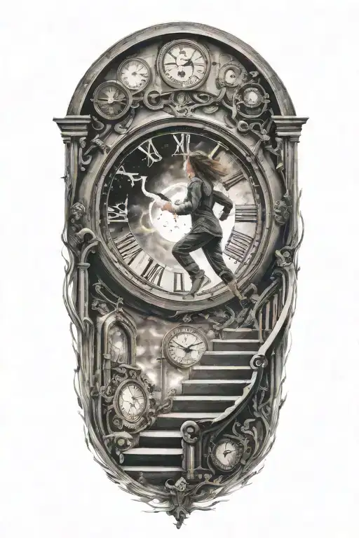 breaking reality, simulation theory, woman running up stairs to a clock, black hole before time runs out tattoo design idea