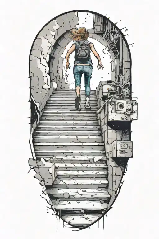 Breaking Reality Simulation Theory Woman Running Up Stairs Before Time runs out black hole alternate universe tattoo design idea