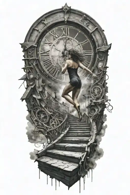 Breaking Reality Simulation Theory Woman Running Up Stairs To A Clock Before Time runs out black hole alternate universe tattoo design idea