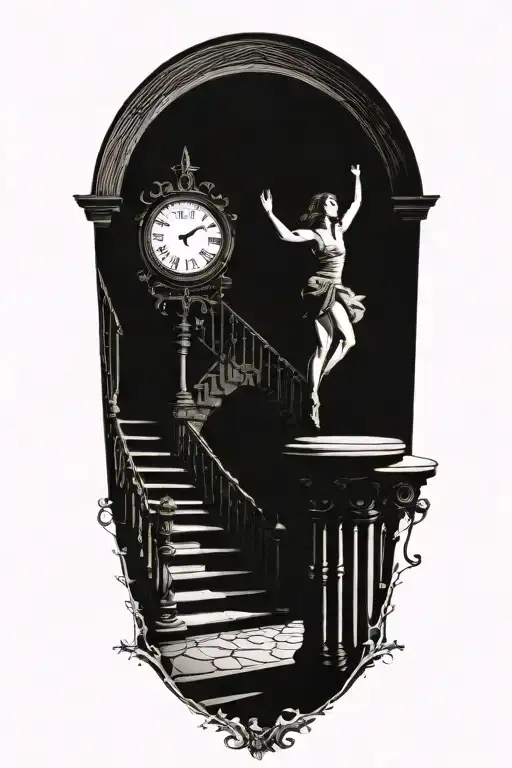 Breaking Reality Simulation Theory Woman Running Up Stairs To a clock Before Time runs out black hole alternate universe tattoo design idea
