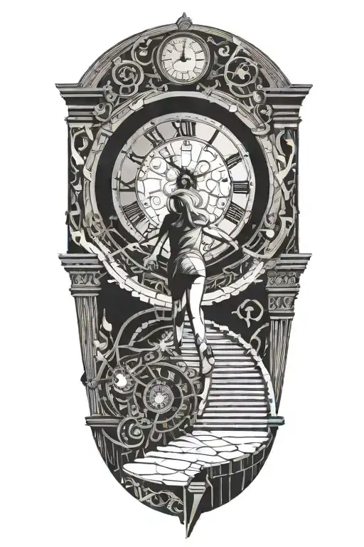 Breaking Reality Simulation Theory Woman Running Up Stairs To a clock Before Time runs out black hole alternate universe tattoo design idea