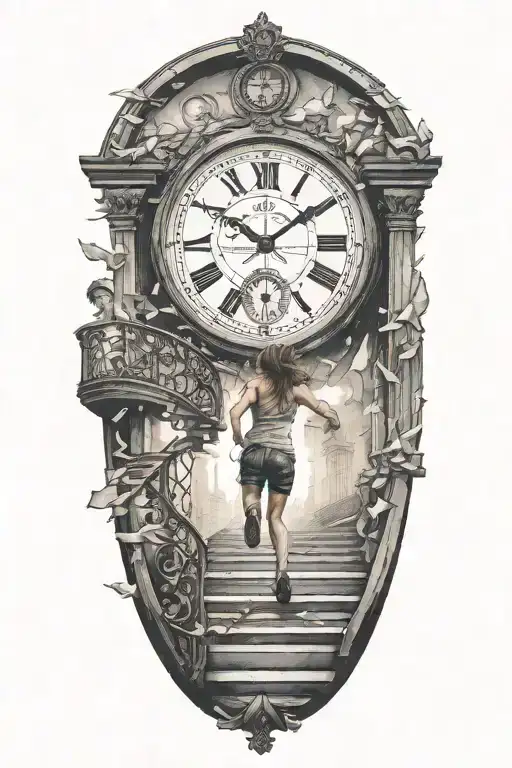 breaking reality, simulation theory, woman running up stairs to a clock tattoo design idea