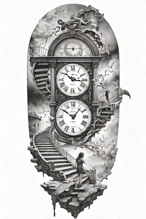 breaking reality, simulation theory, woman running up stairs to a clock, black hole before time runs out tattoo design idea