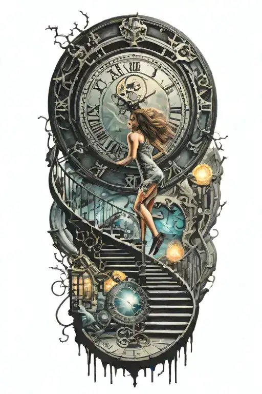 Breaking Reality Simulation Theory Woman Running Up Stairs To a clock Before Time runs out black hole alternate universe tattoo design idea