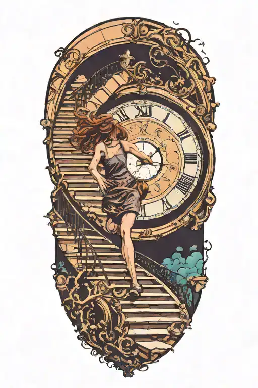 Breaking Reality Simulation Theory Woman Running Up Stairs To a clock Before Time runs out black hole alternate universe tattoo design idea