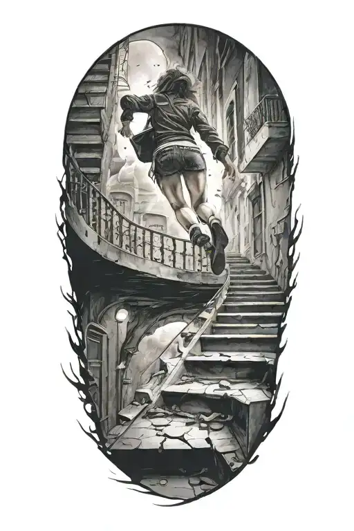 Breaking Reality Simulation Theory Woman Running Up Stairs Before Time runs out black hole alternate universe tattoo design idea