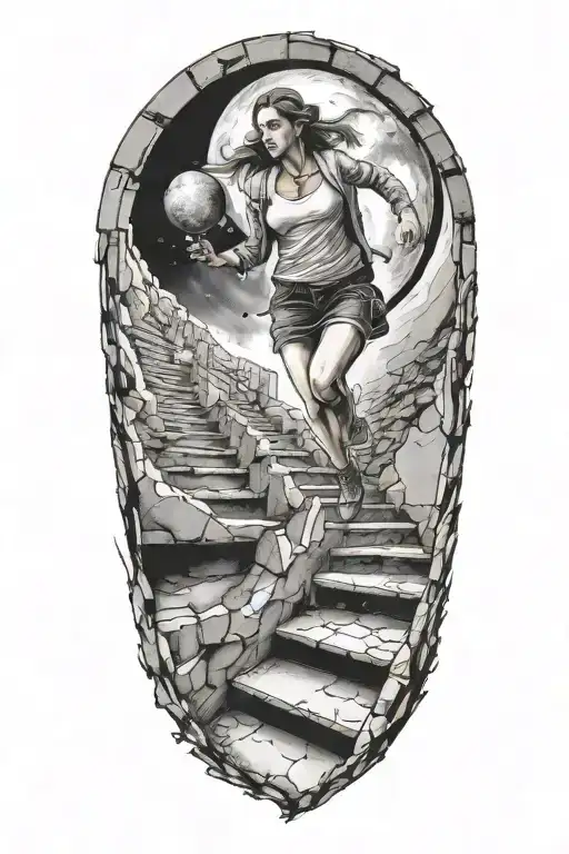 Breaking Reality Simulation Theory Woman Running Up Stairs Before Time runs out black hole alternate universe tattoo design idea