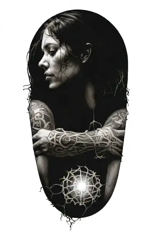 woman experiencing quantum entanglement tattoo design idea