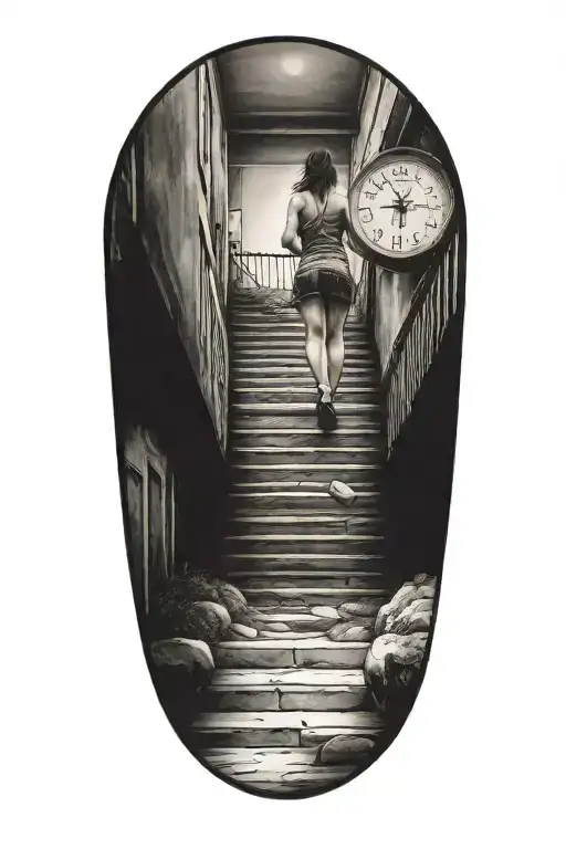 woman running up stairs leading to sandtimer tattoo design idea