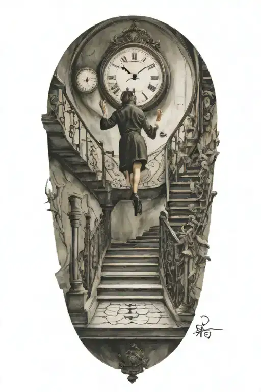 mc esher style, salvador dali, simulation theory,woman,stairs, clock, tattoo design idea