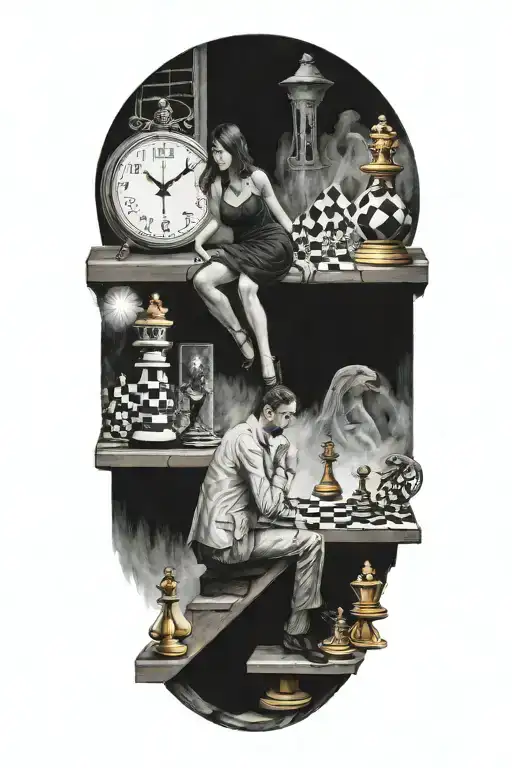 life is a simulation theory, space and time, woman,clock,stairs, chess with human pieces,  puppet master,  tattoo design idea