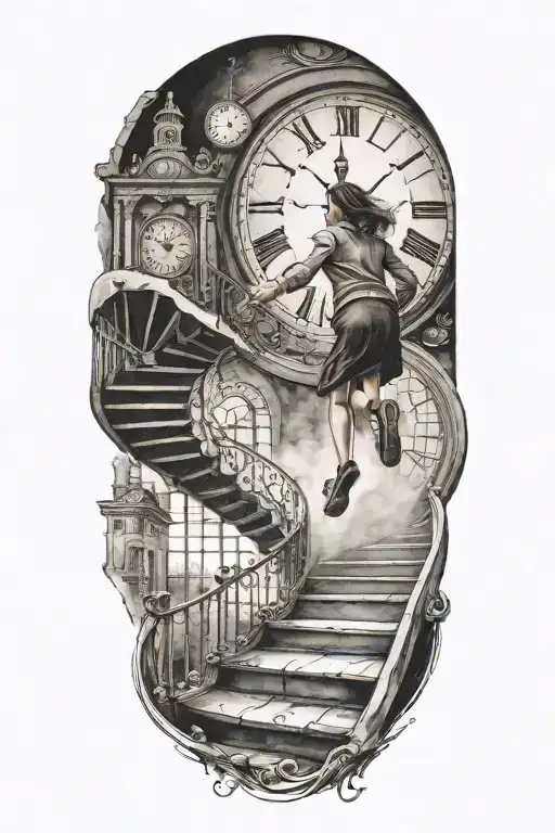 life is a simulation woman running up never ending stairs with a clock tattoo design idea