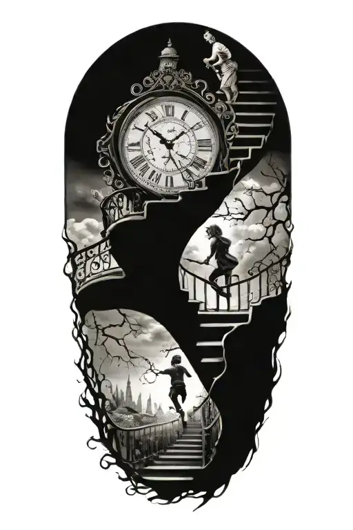 breaking reality, simulation theory, woman running up stairs to a clock, black hole before time runs out tattoo design idea