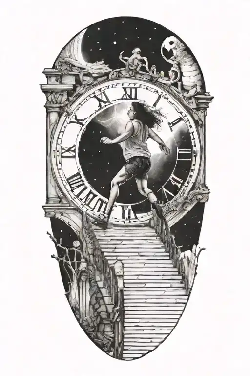 Breaking Reality Simulation Theory Woman Running Up Stairs To A Clock Before Time runs out black hole alternate universe tattoo design idea