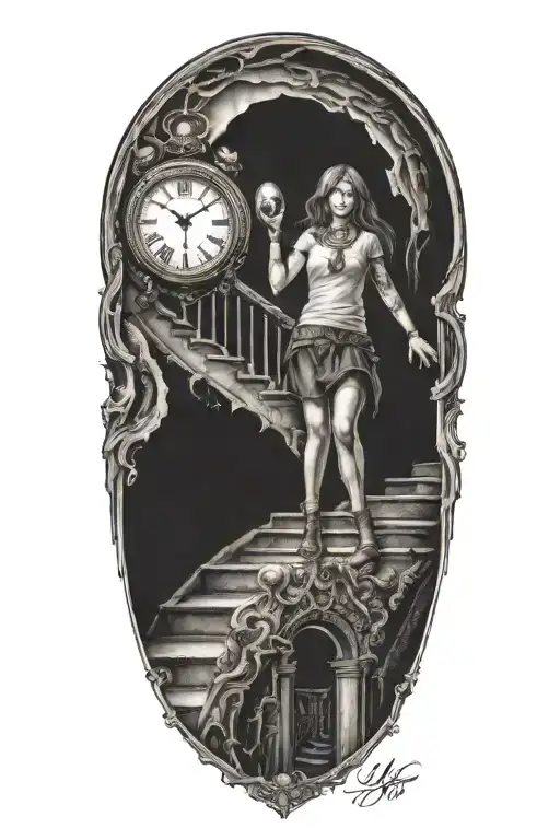 life is a simulation theory woven with scary woman with a clock running up stairs tattoo design idea